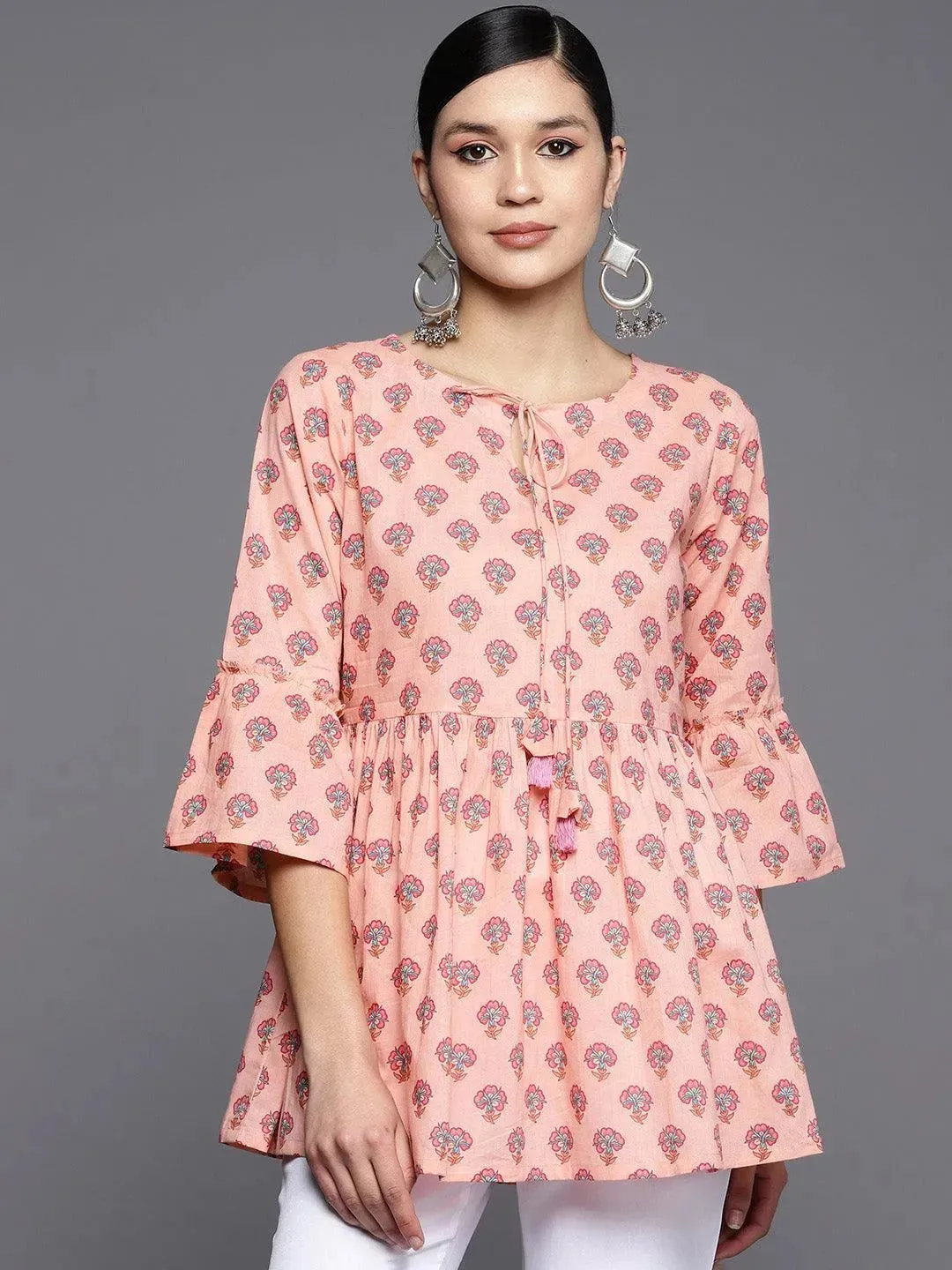 Peach Printed Cotton A-Line Kurti