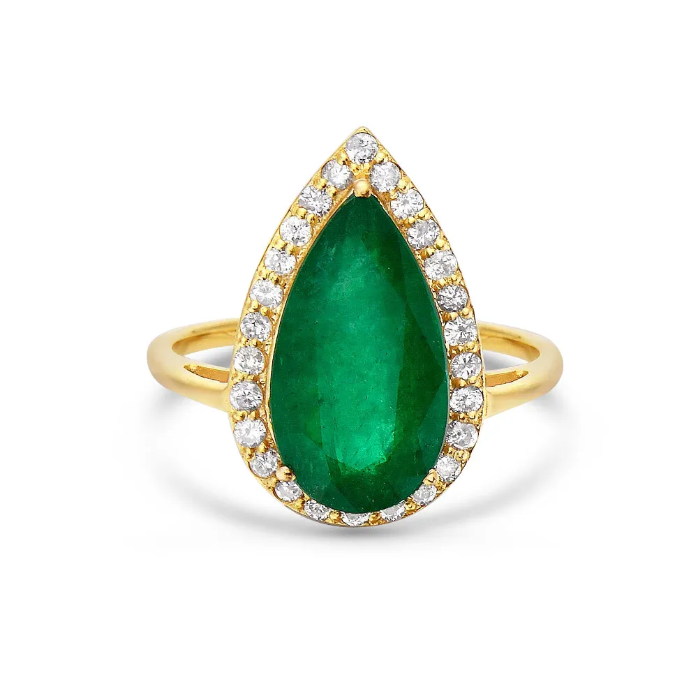 Pear Shape Emerald & Diamond Halo Engagement Ring (4.38 ct.) in 14K Gold