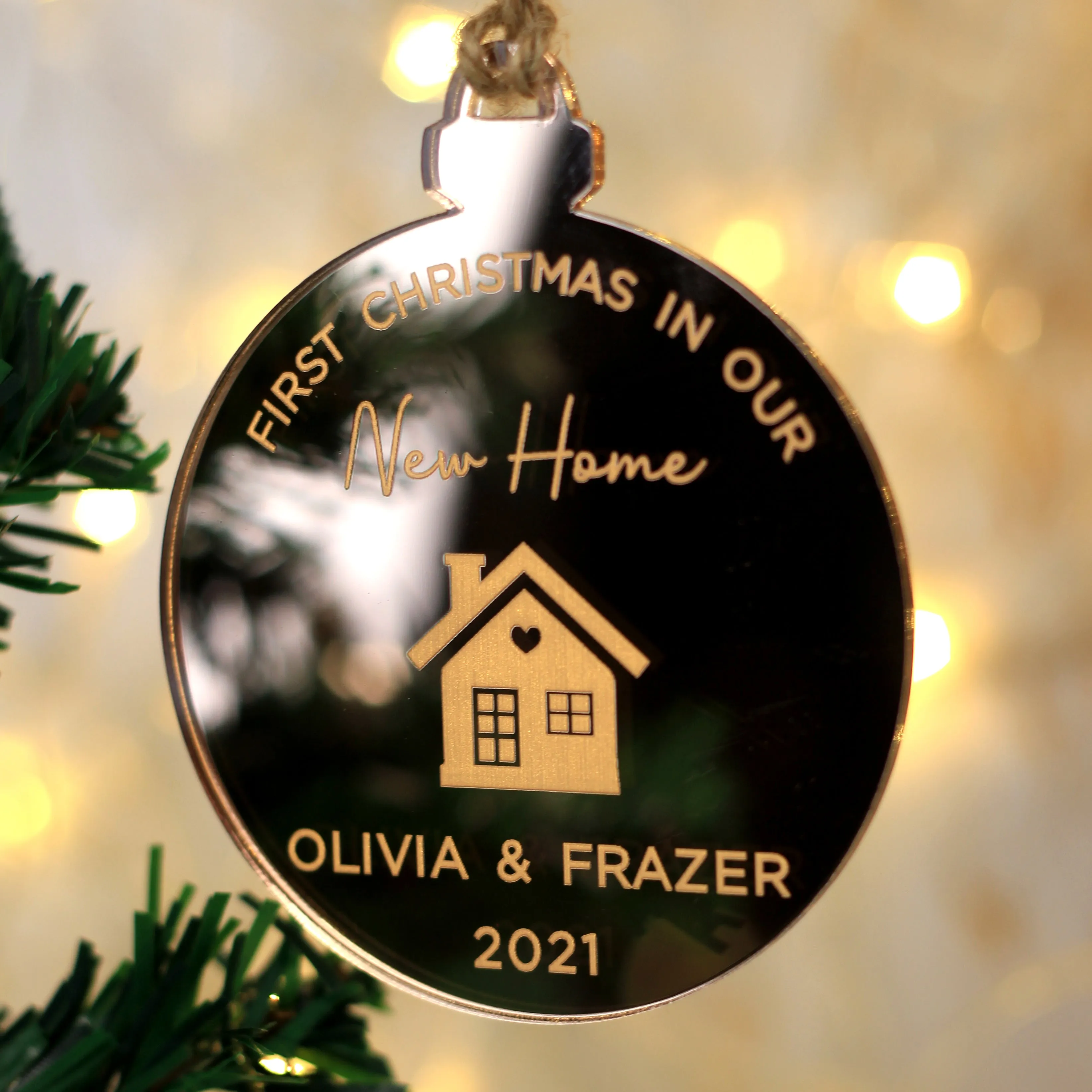 Personalised 'First Christmas in Our New Home' Mirrored Acrylic Bauble