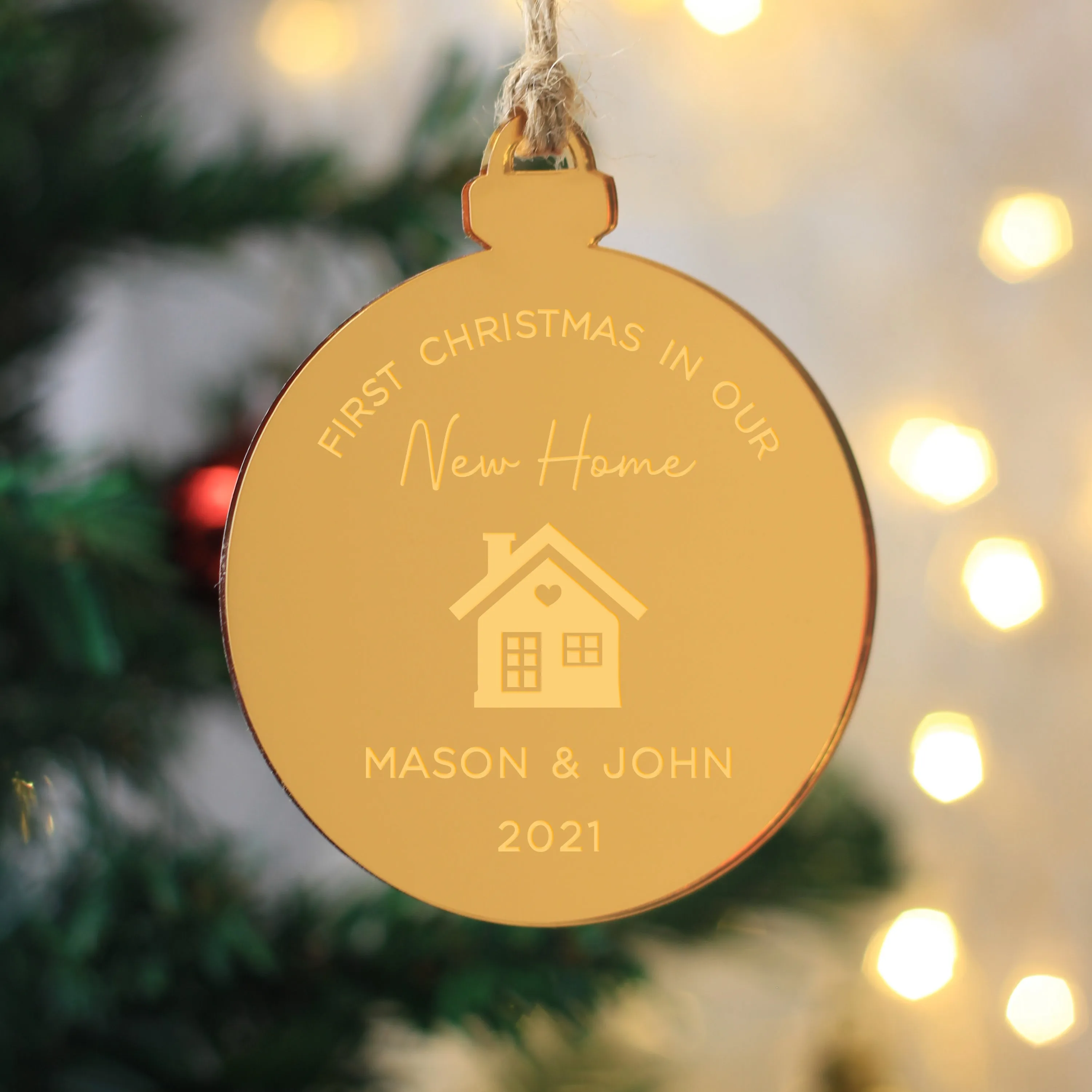 Personalised 'First Christmas in Our New Home' Mirrored Acrylic Bauble