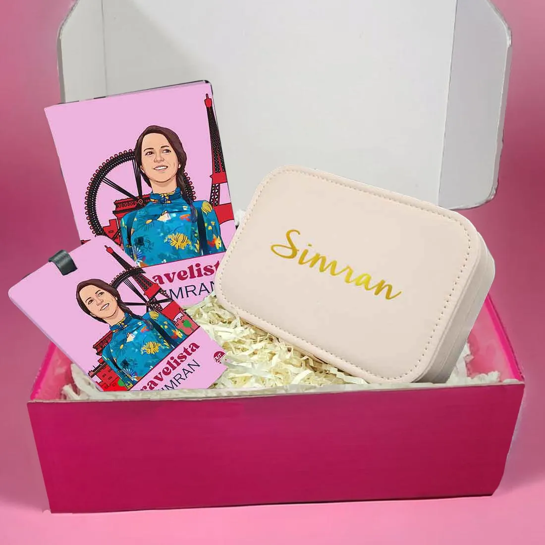 Personalised Gift Box Hamper For Women Comes with Passport Cover Photos Art and Pink Jewellery Box