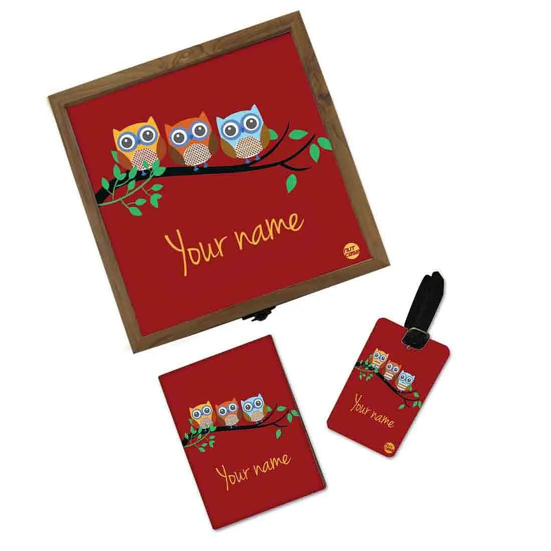 Personalized Passport Cover Combo - Small Owls Red