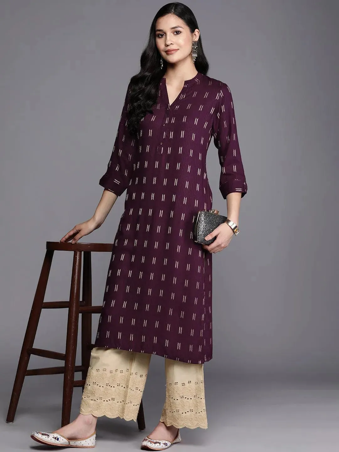 Purple Woven Design Rayon Straight Kurta