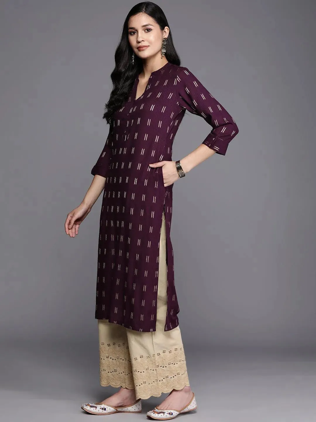 Purple Woven Design Rayon Straight Kurta