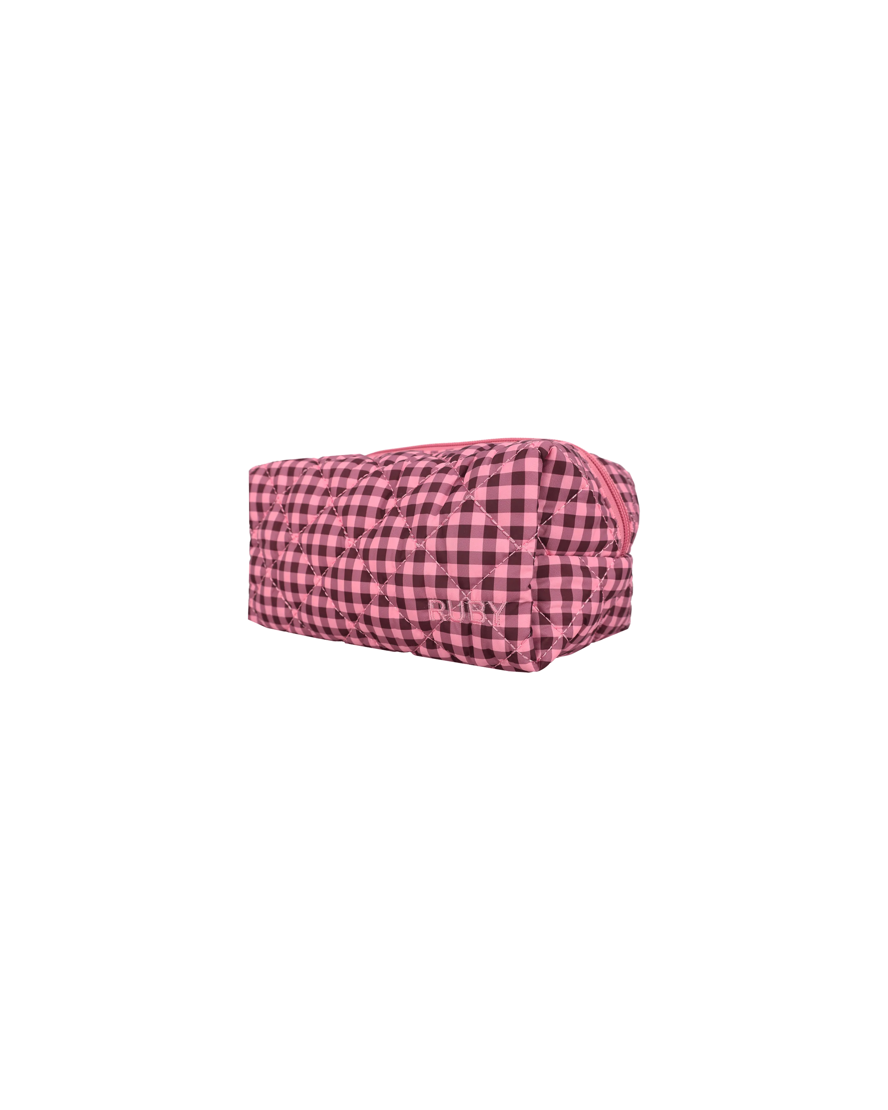 QUILTED COSMETIC BAG PINK BURGUNDY GINGHAM