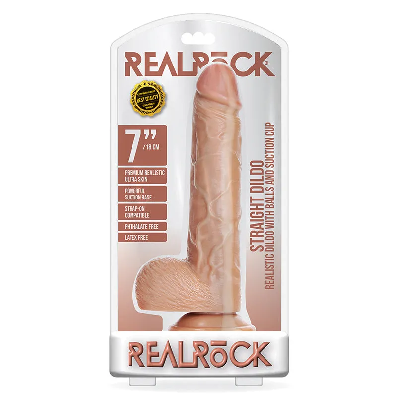 RealRock Realistic 7 in. Straight Dildo With Balls and Suction Cup Tan