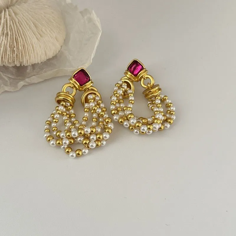 Rhinestone and Pearl Tassel Earrings