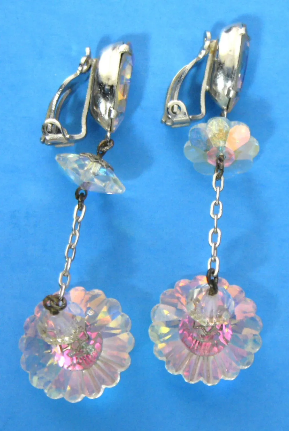 Rhinestone Dangle Earrings 1940s Austrian Iridized Crystal Glamour Wedding Tea Clips