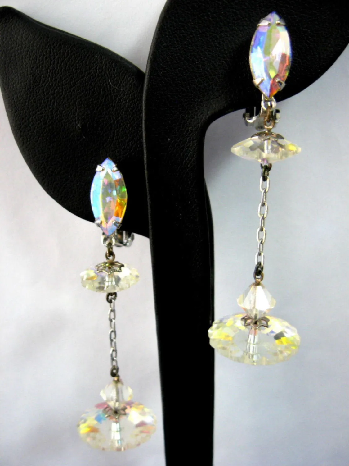 Rhinestone Dangle Earrings 1940s Austrian Iridized Crystal Glamour Wedding Tea Clips