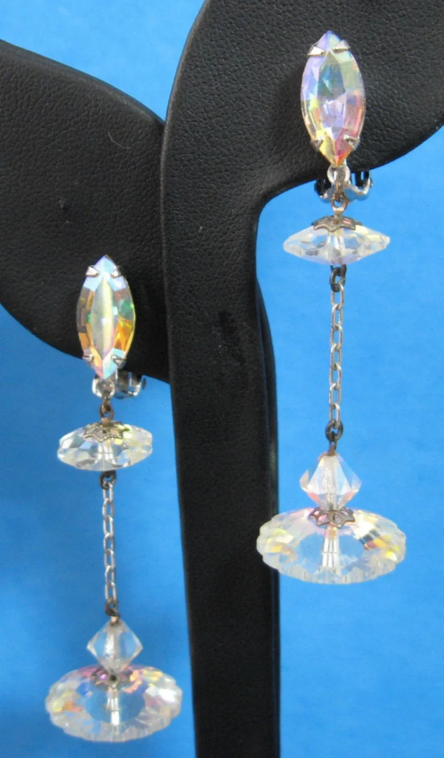 Rhinestone Dangle Earrings 1940s Austrian Iridized Crystal Glamour Wedding Tea Clips