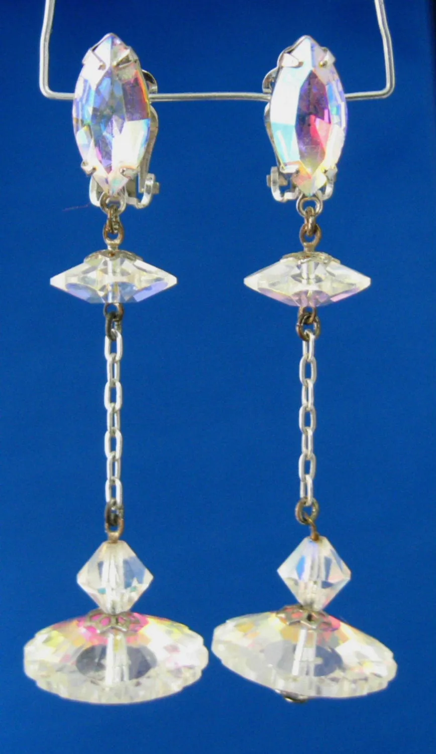 Rhinestone Dangle Earrings 1940s Austrian Iridized Crystal Glamour Wedding Tea Clips