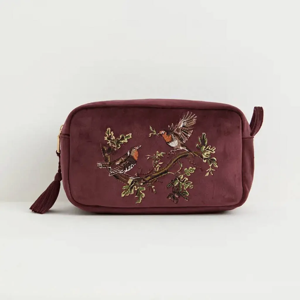 Robin Love Embroidered Velvet Makeup Pouch