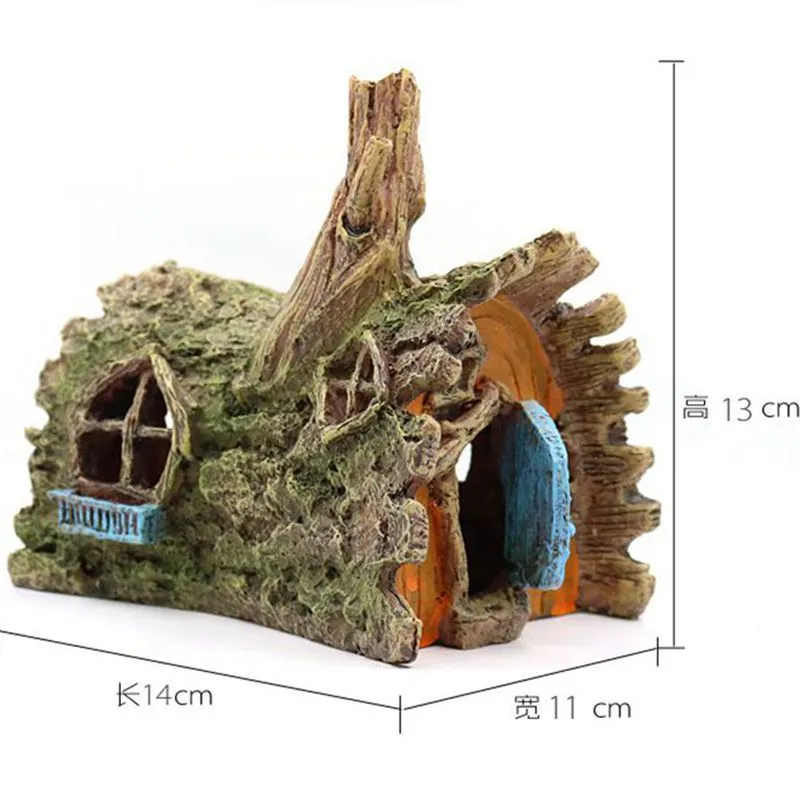 RQ001 Wooden House Aquarium Decoration 14x11x13cm