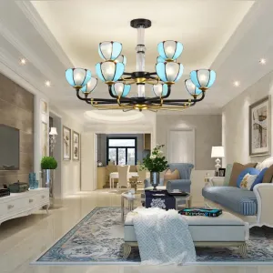 Scalloped Chandelier with Blue Glass and Vintage Pendant Light for Living Room