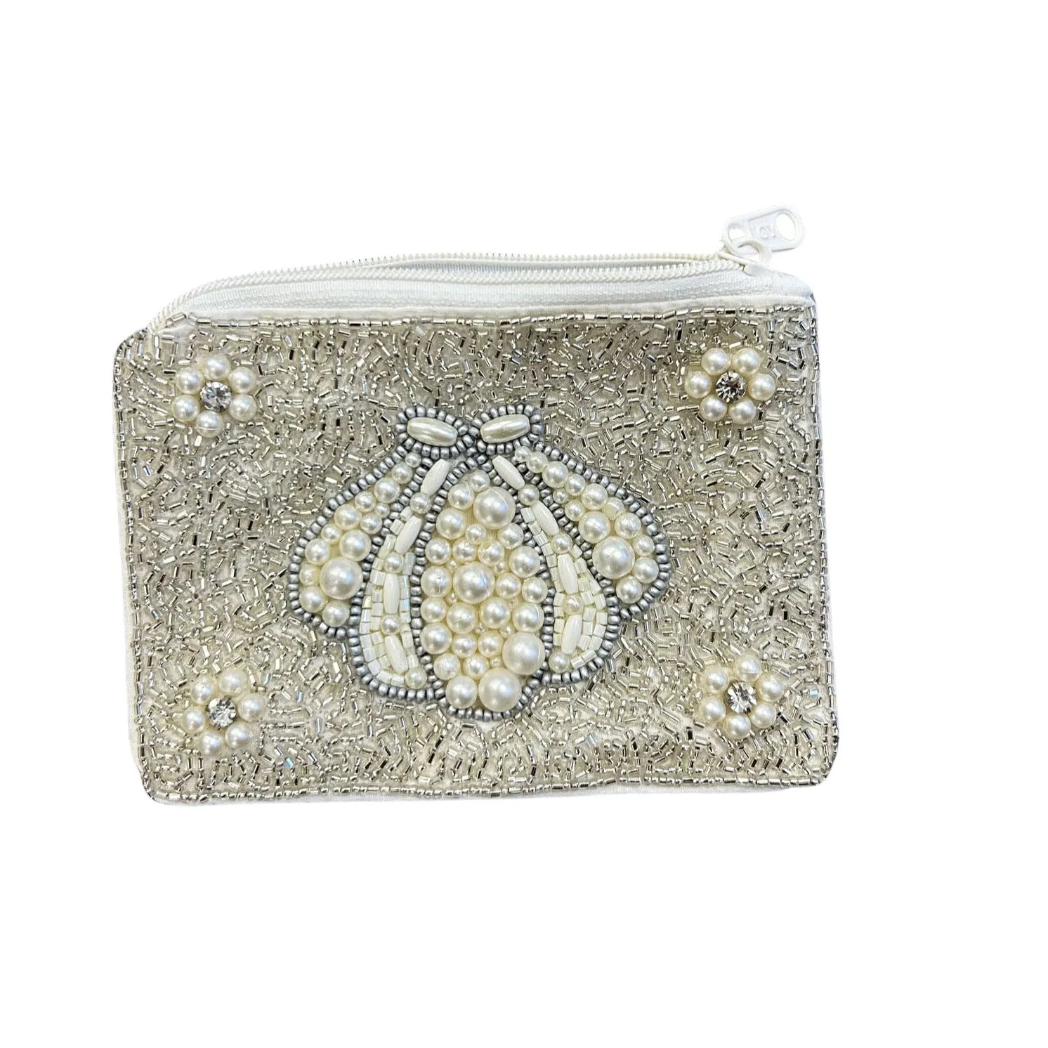 Sea Shell Beaded Zipper Coin & Card Bag - White