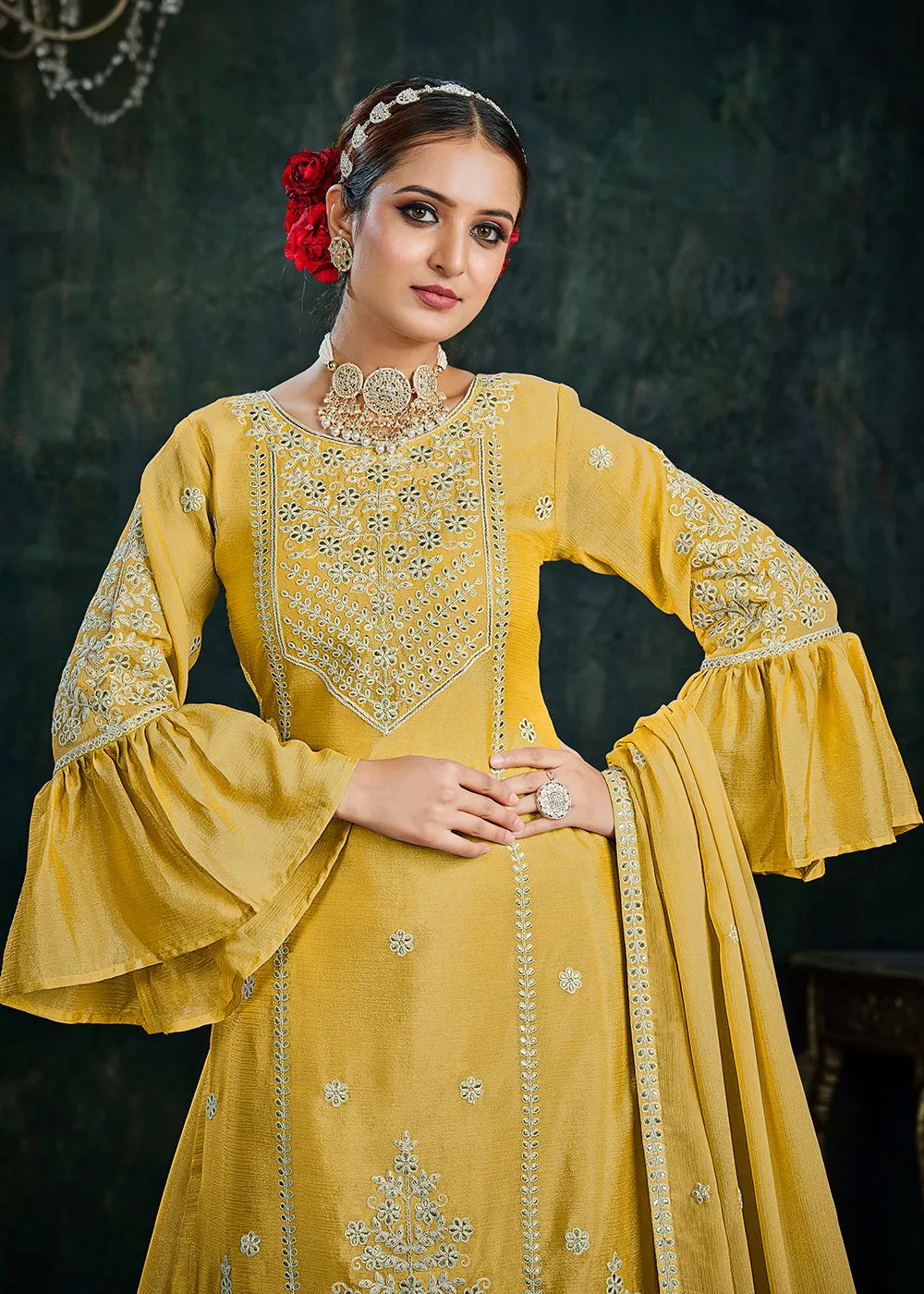 Sharara Top Style Gorgeous Yellow Chinon Festive Lehenga Suit