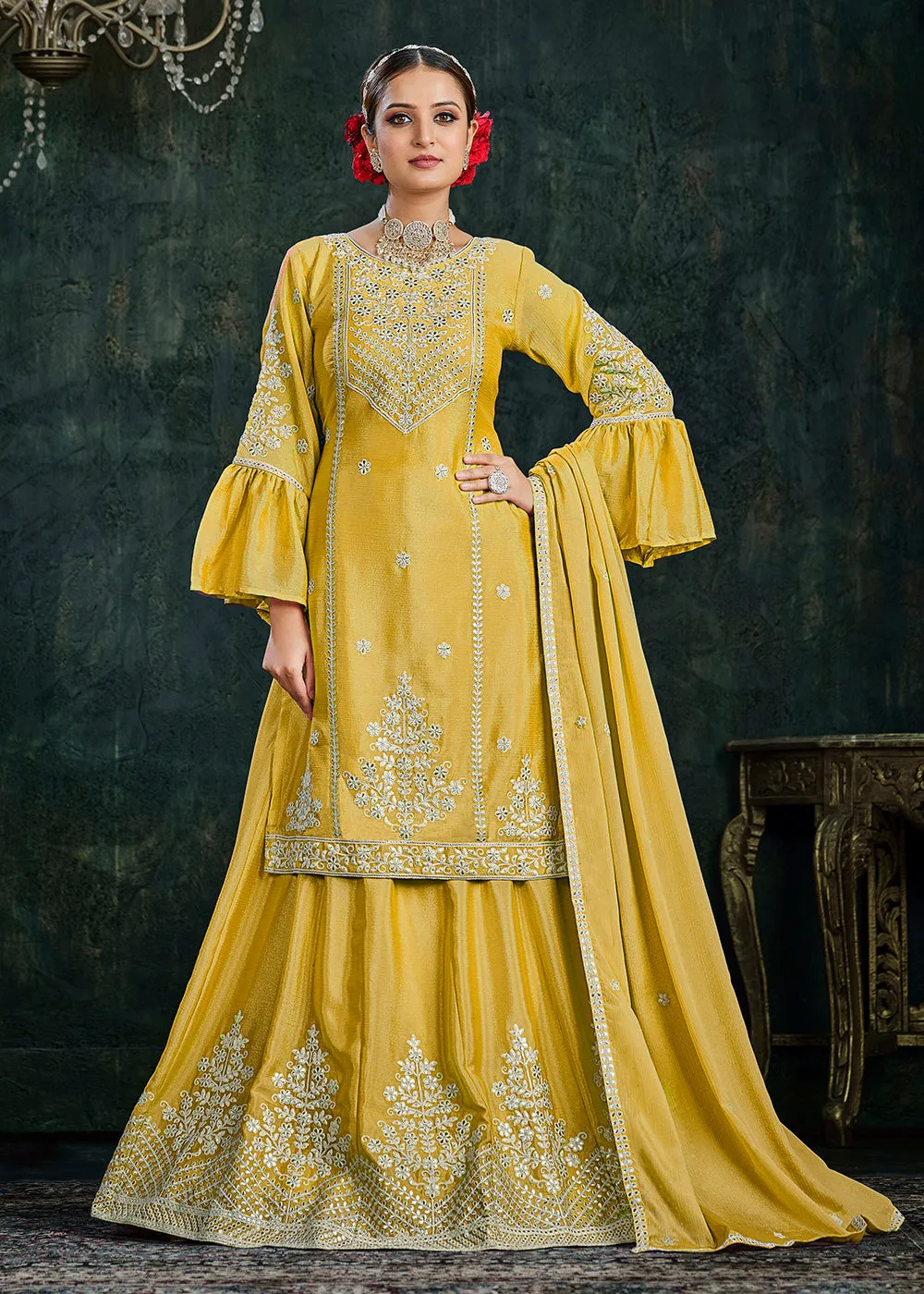 Sharara Top Style Gorgeous Yellow Chinon Festive Lehenga Suit