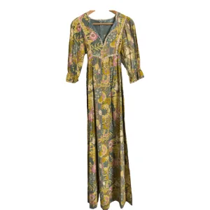 Sherman of London Vintage Cotton Half Sleeve Maxi Dress Blue Green Multi Floral Print UK Size 10