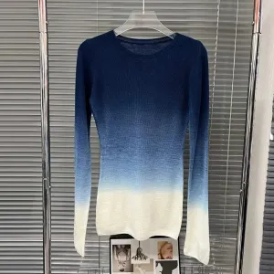 Slim Tie Dye Sweater For Women Round Neck Long Sleeve Colorblock Knitting Elegant T Shirts Female Clothing