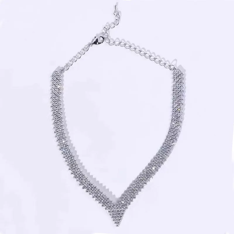 Sparkly Pointed V Shaped Rhinestone Embellished Collar NeckLace - Silver