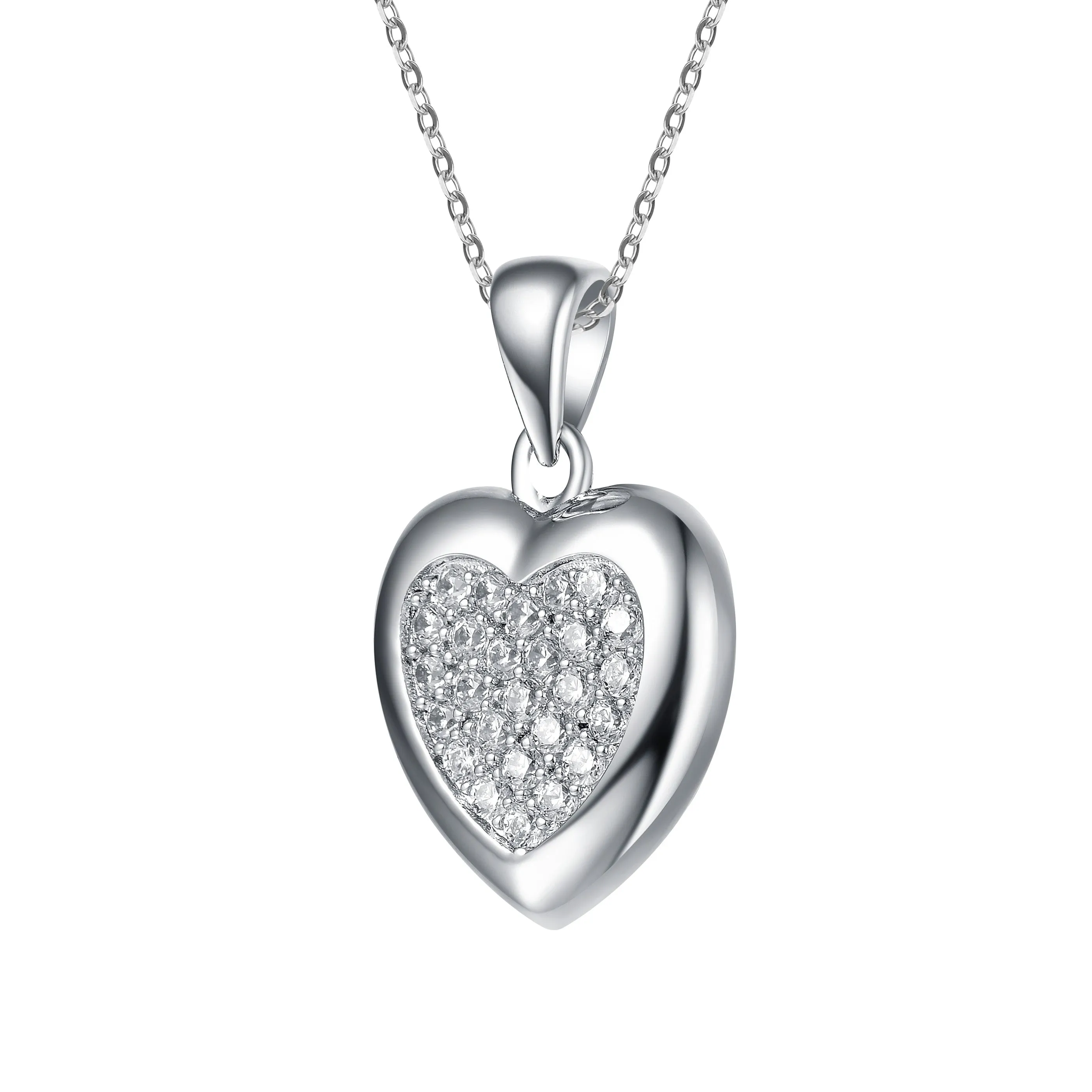 Sterling Silver White Gold Plating with Clear Heart Shaped Bezel Set Cubic Zirconia Pendant Necklace