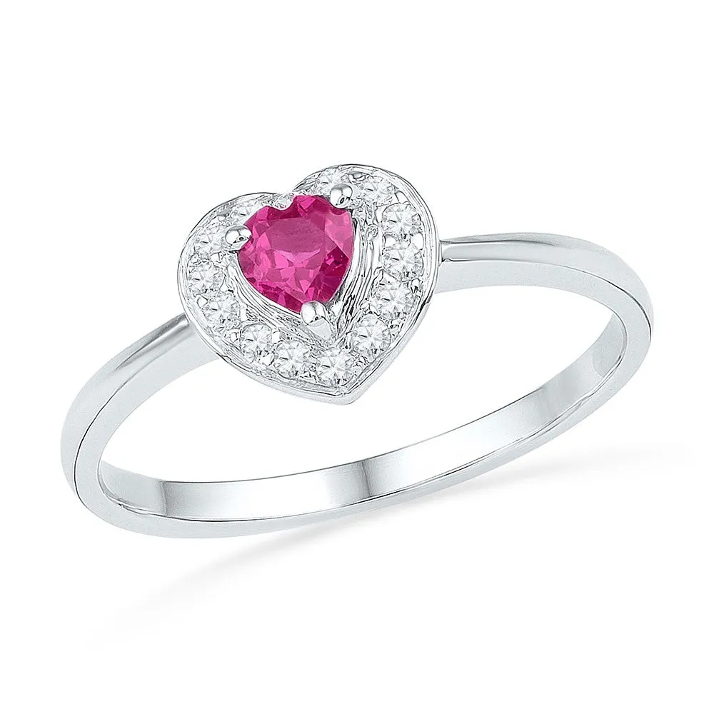 Sterling Silver Women's Round Lab-Created Pink Sapphire Heart Diamond Ring