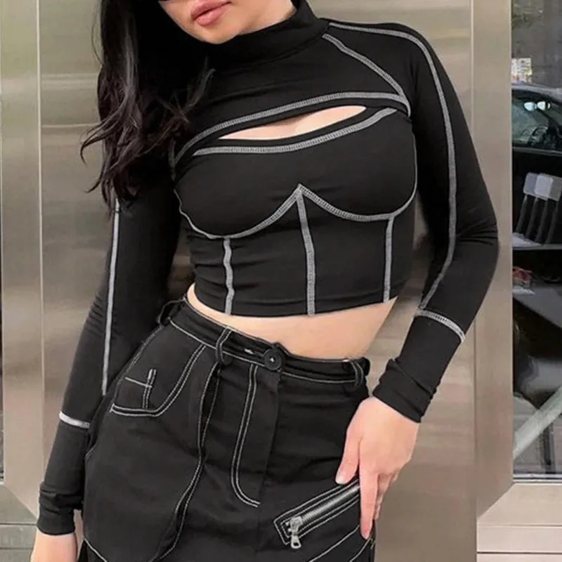 Streetwear Stripe Stitch Fitness Crop Top Autumn Tee Shirts Women Cut Out Sporty Stand Collar Moto&Biker Style Tshirt