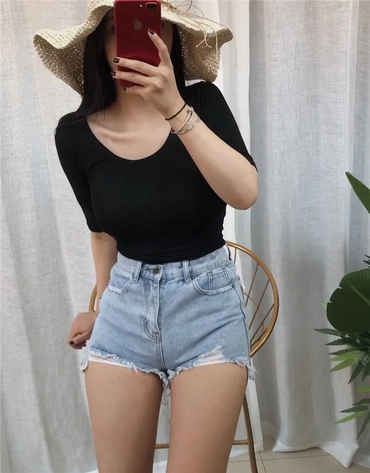 Summer Sexy Elastic Korean Style Slim Fit Solid Colored Long Sleeve