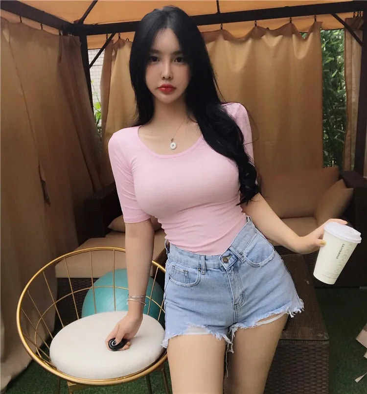 Summer Sexy Elastic Korean Style Slim Fit Solid Colored Long Sleeve