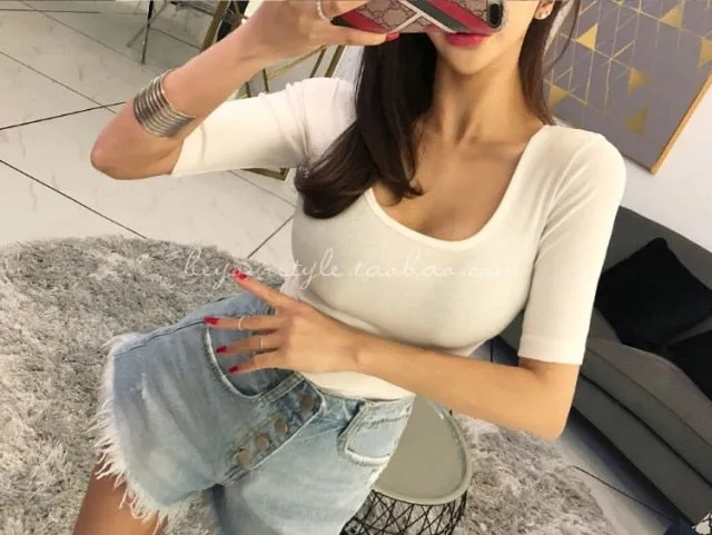 Summer Sexy Elastic Korean Style Slim Fit Solid Colored Long Sleeve