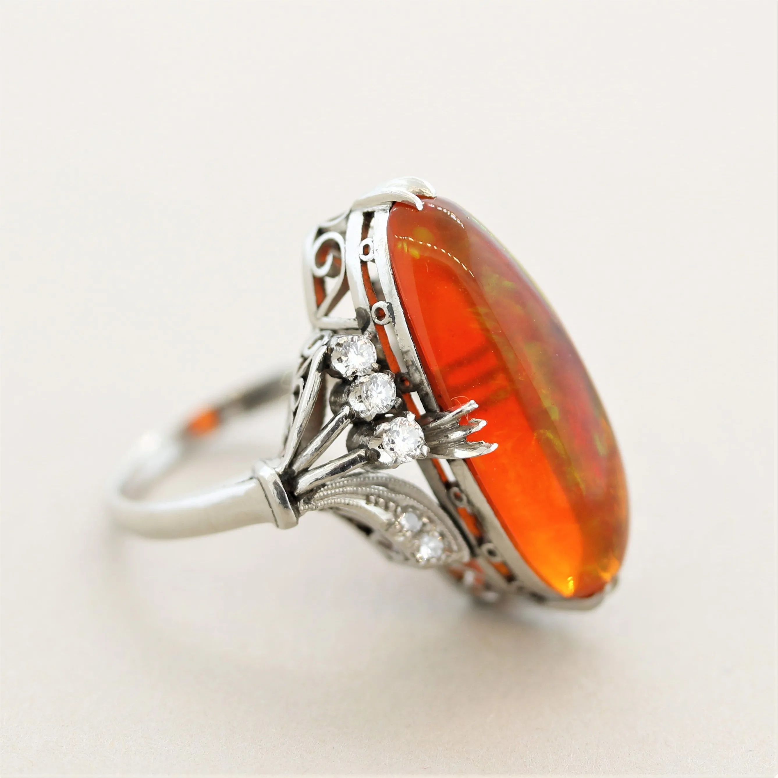 Superb Mexican Fire Opal Diamond Platinum Ring