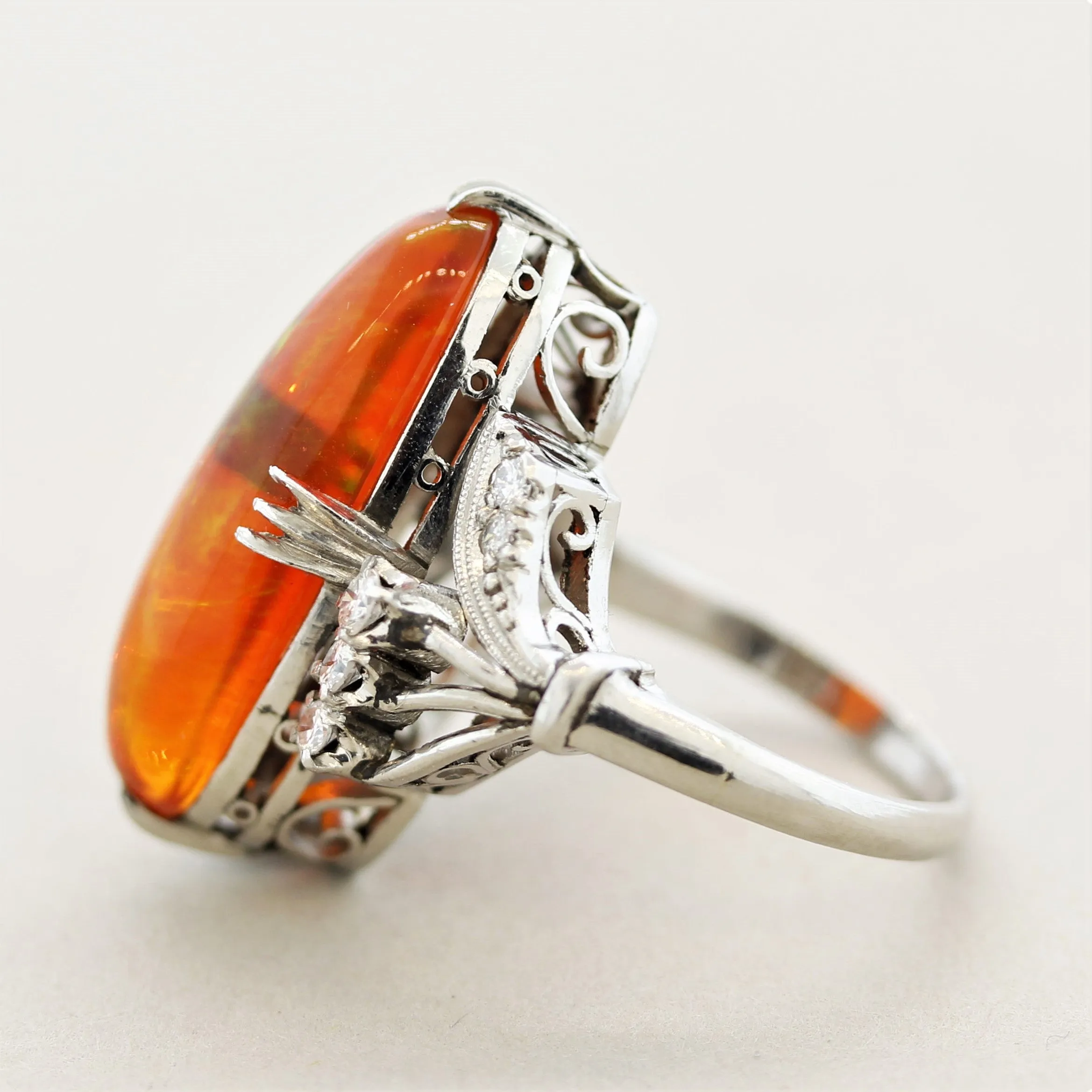 Superb Mexican Fire Opal Diamond Platinum Ring