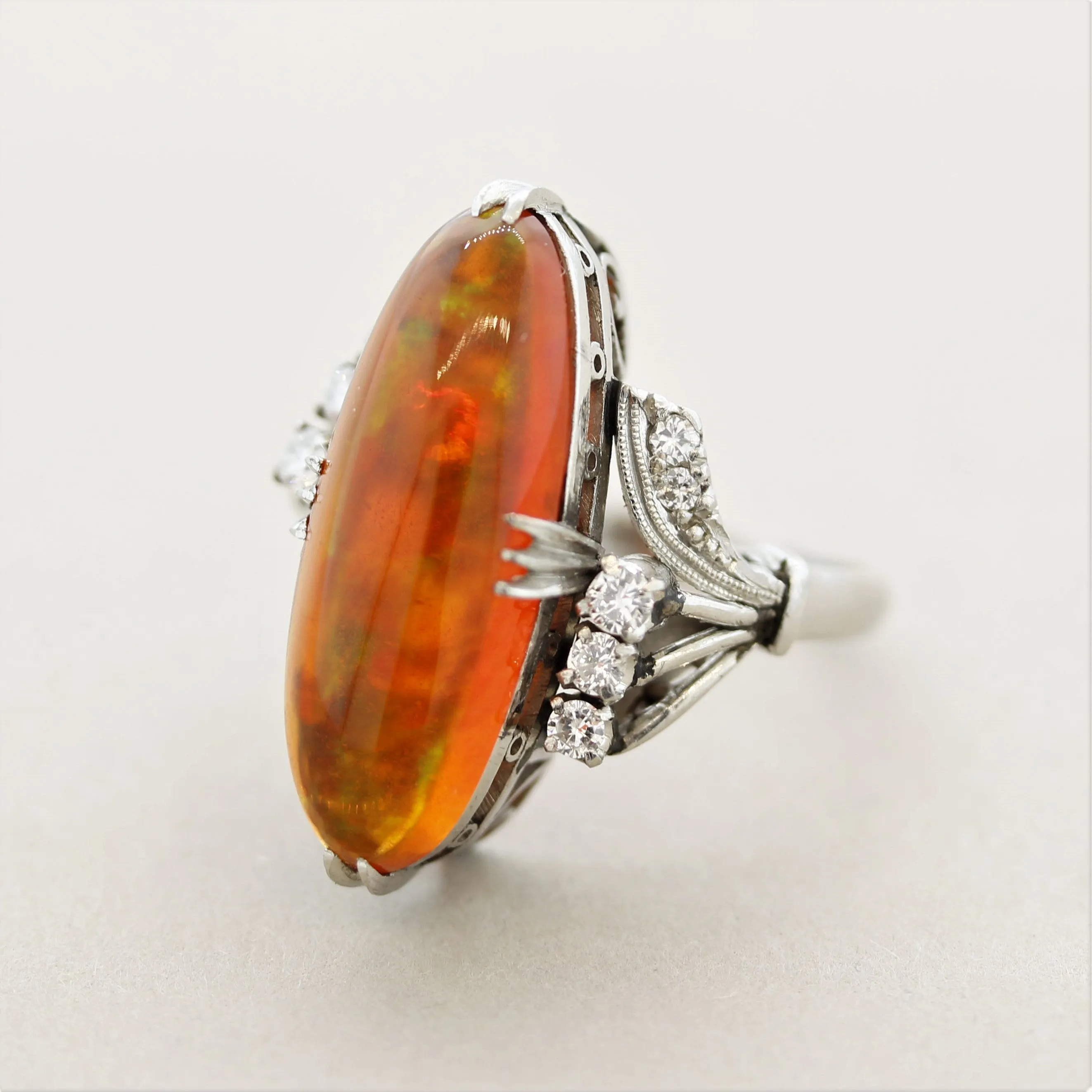 Superb Mexican Fire Opal Diamond Platinum Ring