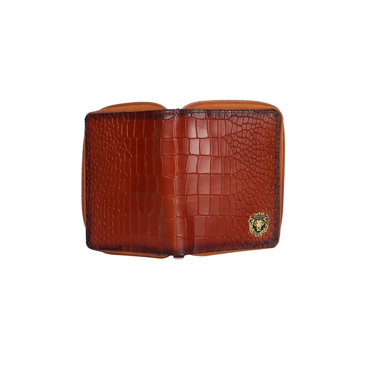 Tan Deep Cut Croco Print Leather Passport Holder || Card Holder || Wallet