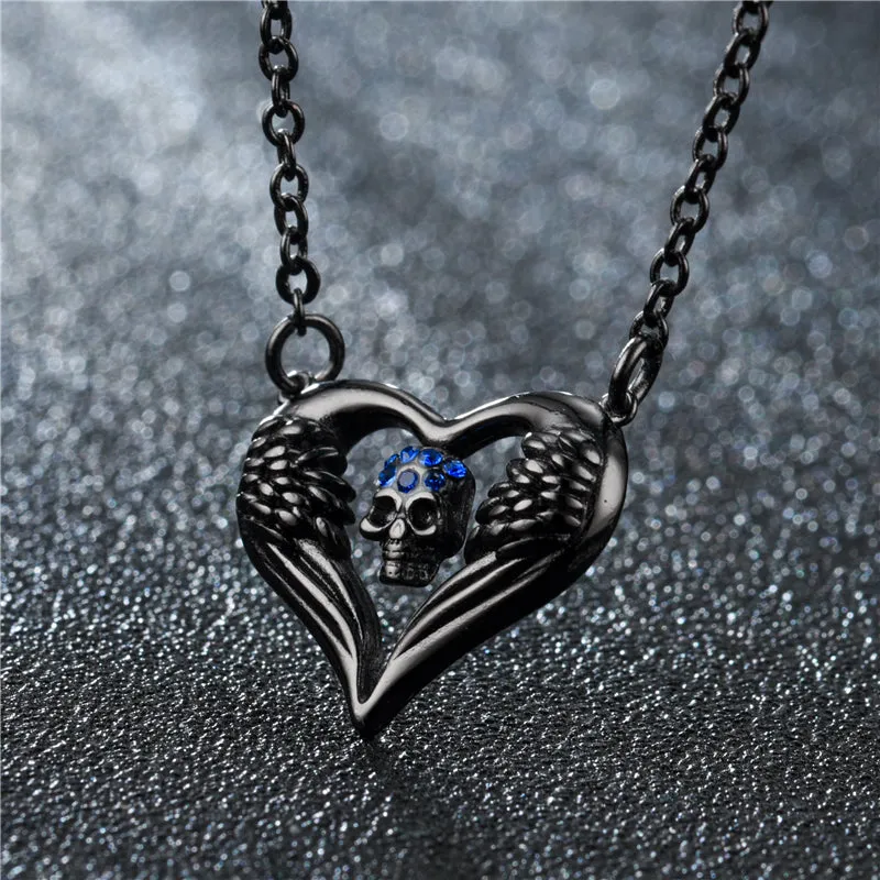 The Tender Angel Wings Heart Skull Necklace