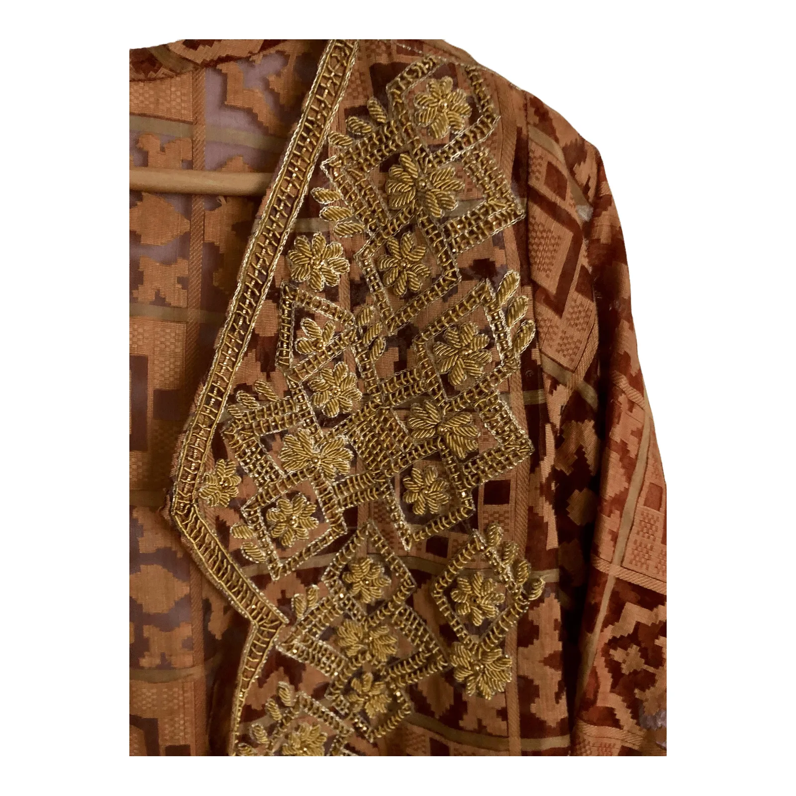 Unbranded Half Sleeve Embroidered Embellished Longline Evening Wedding Coat Coatigan Jacket Amber Brown Geometric Print UK Size 12-14