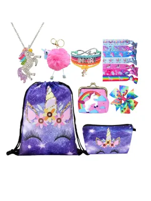 Unicorn Gifts for Girls - Unicorn Drawstring Backpack/Makeup Bag/Bracelet/Necklace/Hair Ties/Keychain/Sticker (Purple Rainbow 2)