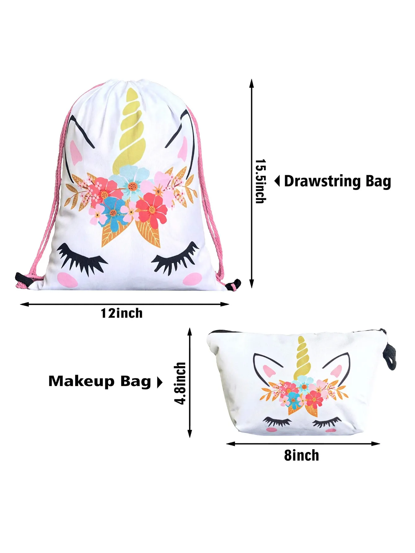 Unicorn Gifts for Girls - Unicorn Drawstring Backpack/Makeup Bag/Bracelet/Necklace/Hair Ties/Keychain/Sticker (White Flower 3)