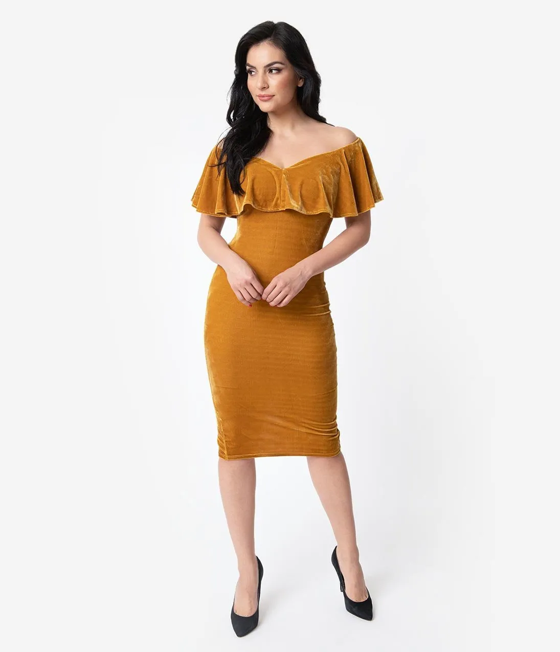 Unique Vintage Mustard Velvet Draped Off Shoulder Sophia Wiggle Dress