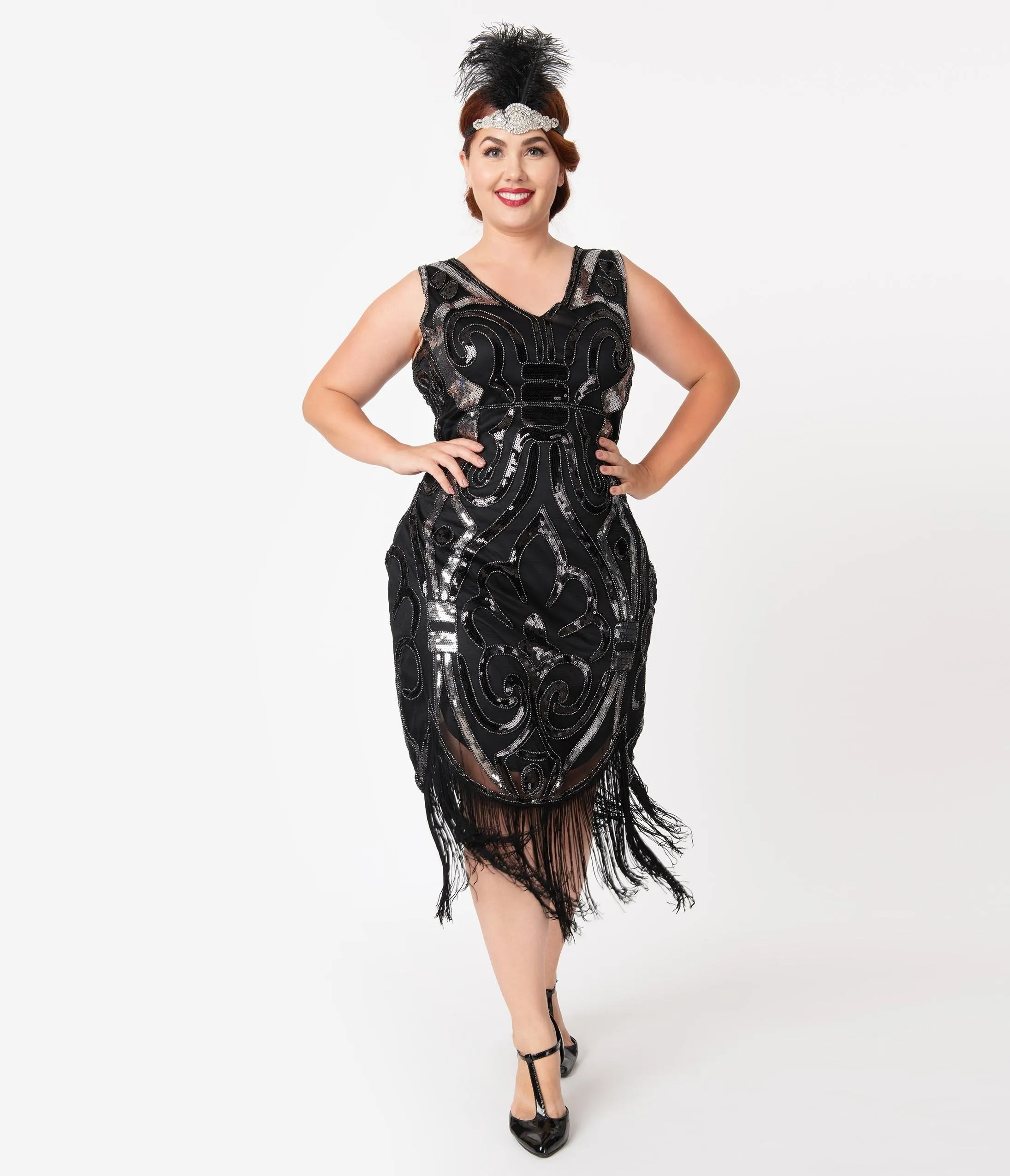 Unique Vintage Plus Size 1920s Black & Silver Beaded Josseline Fringe Cocktail Dress