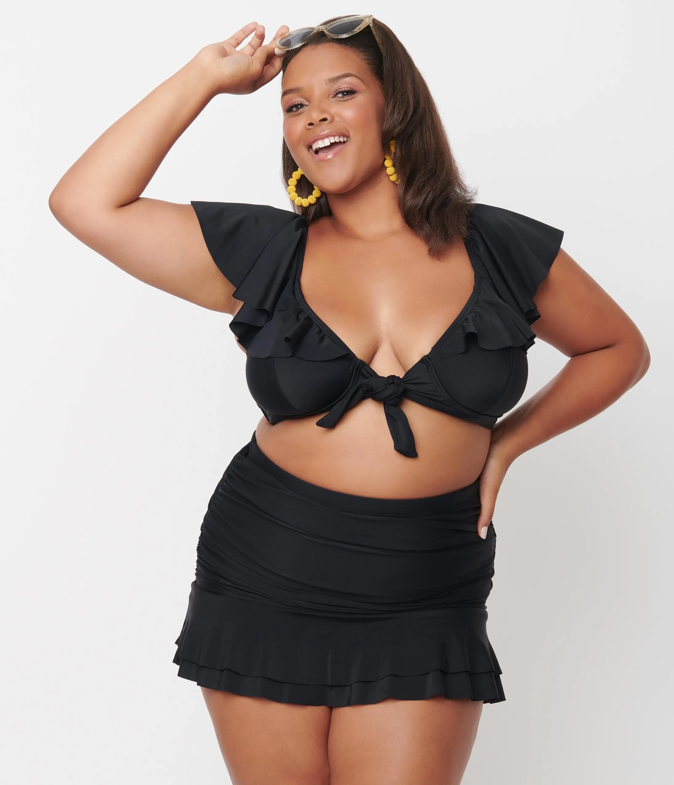 Unique Vintage Plus Size Black Ruffled Cap Sleeve Frida Swim Top