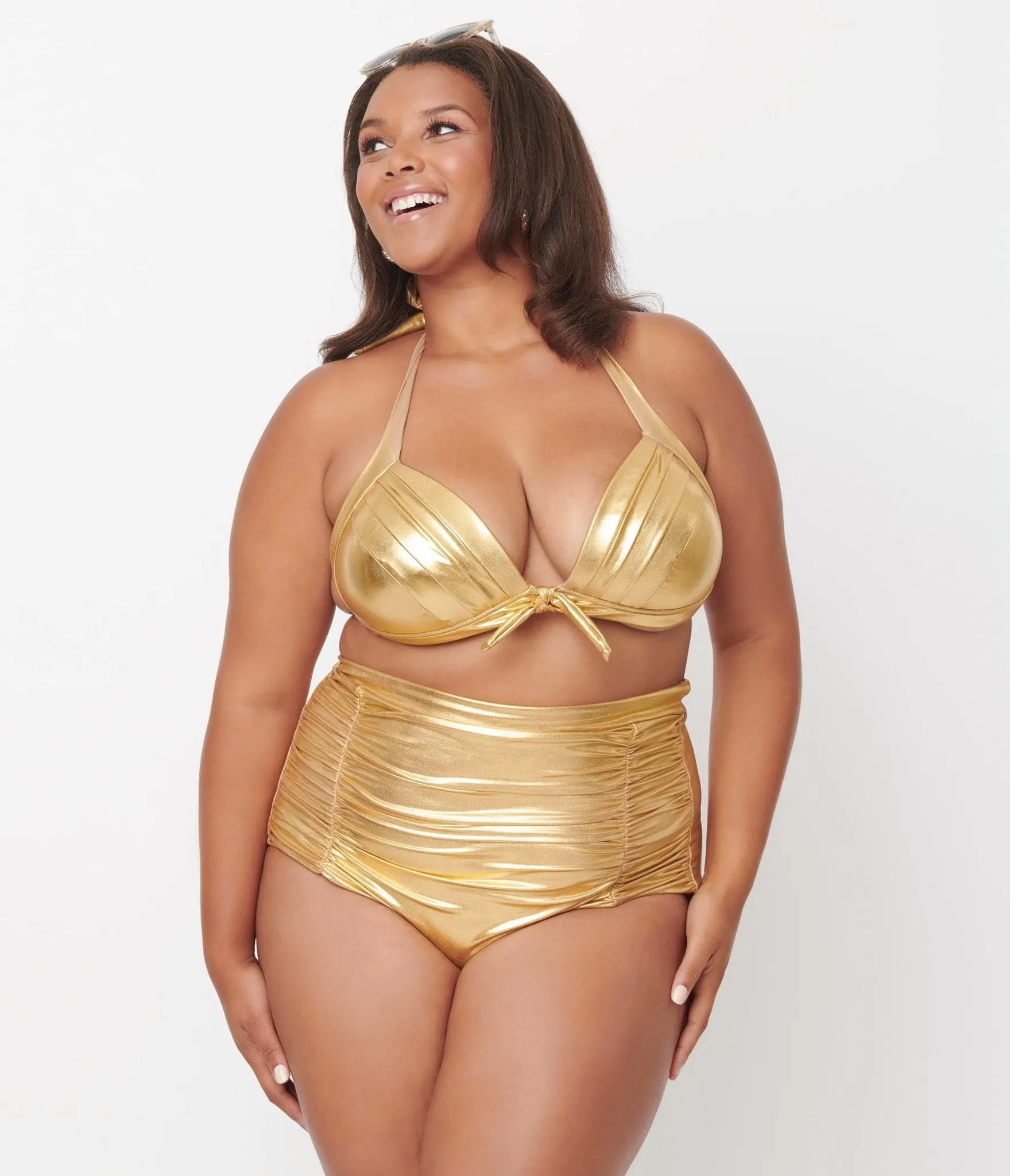 Unique Vintage Plus Size Gold Monroe Halter Swim Top