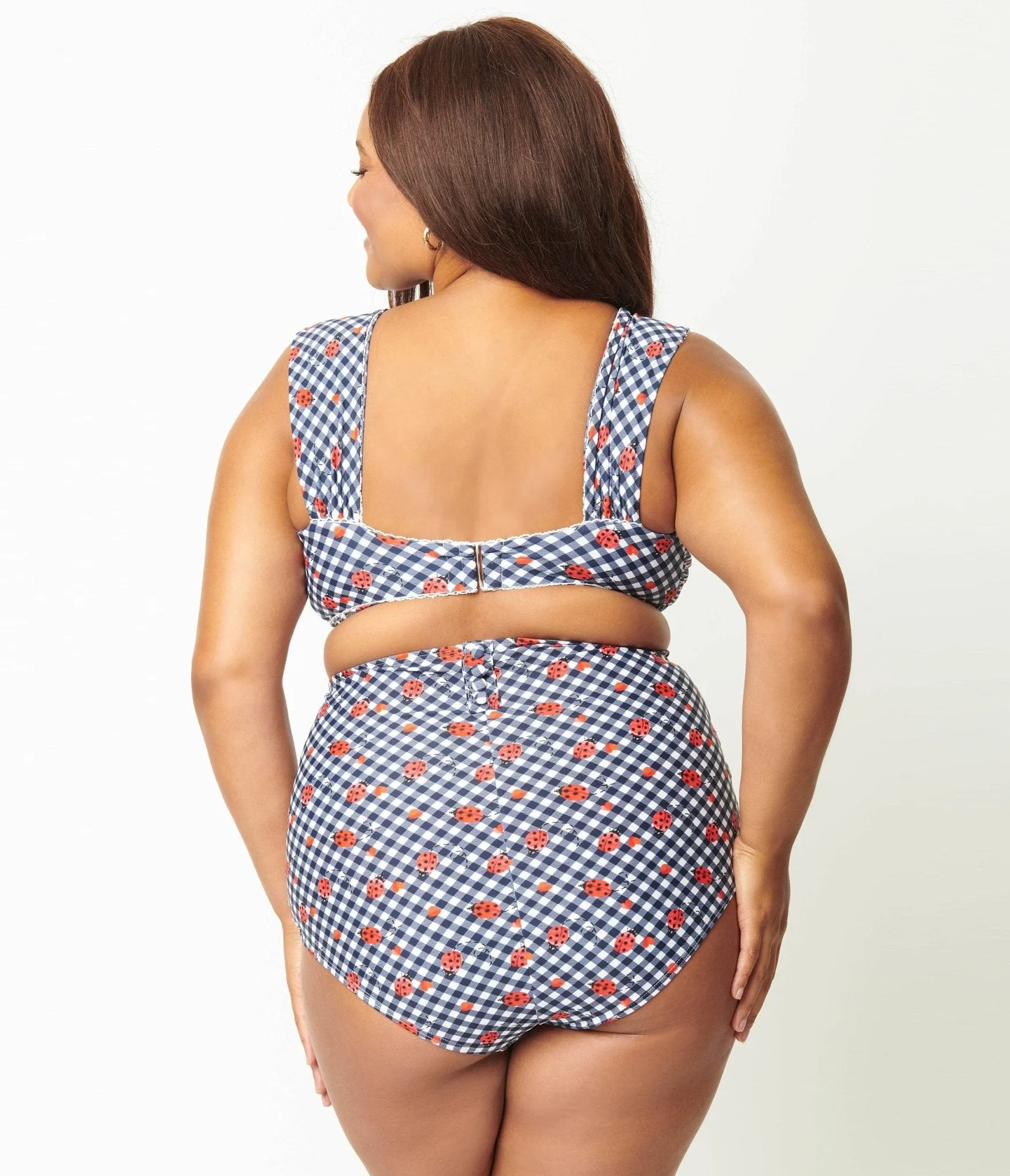 Unique Vintage Plus Size Navy Gingham & Ladybug Print High Waist Louise Swim Bottom