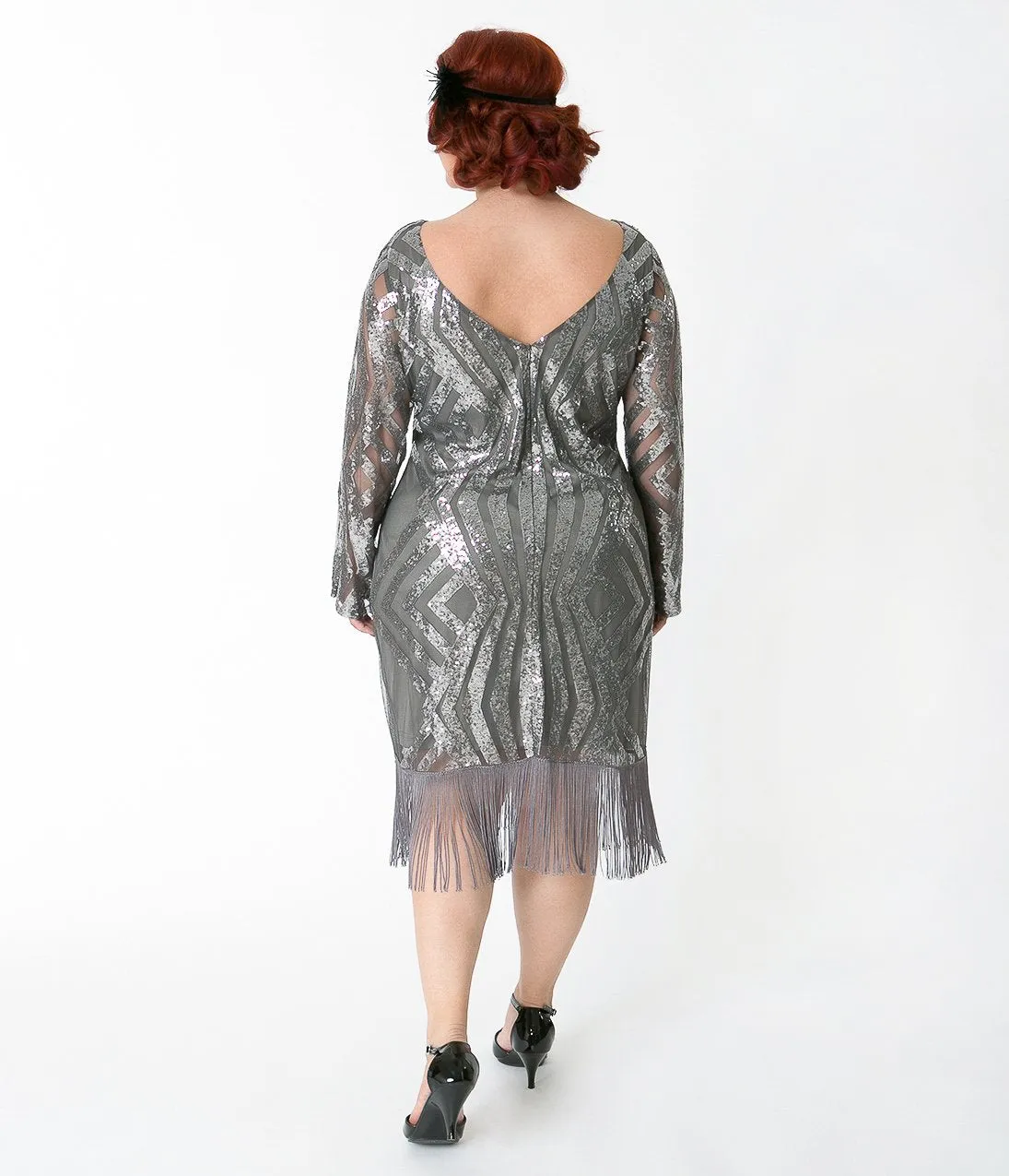 Unique Vintage Plus Size Silver Pewter Sequin Sleeved Jocelyne Flapper Dress