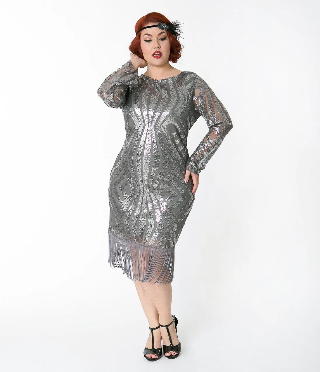 Unique Vintage Plus Size Silver Pewter Sequin Sleeved Jocelyne Flapper Dress