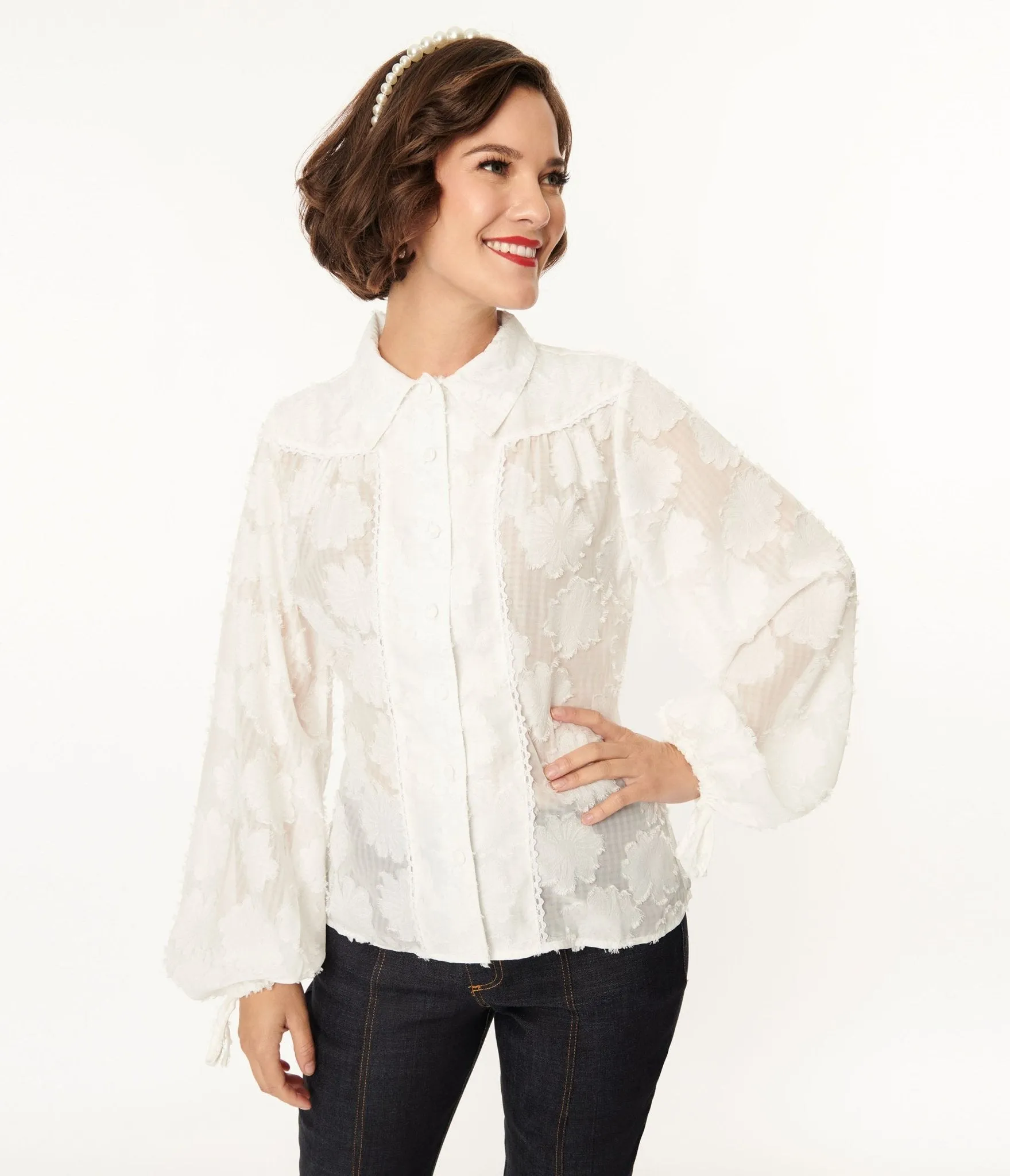 Unique Vintage White Floral Francesca Blouse