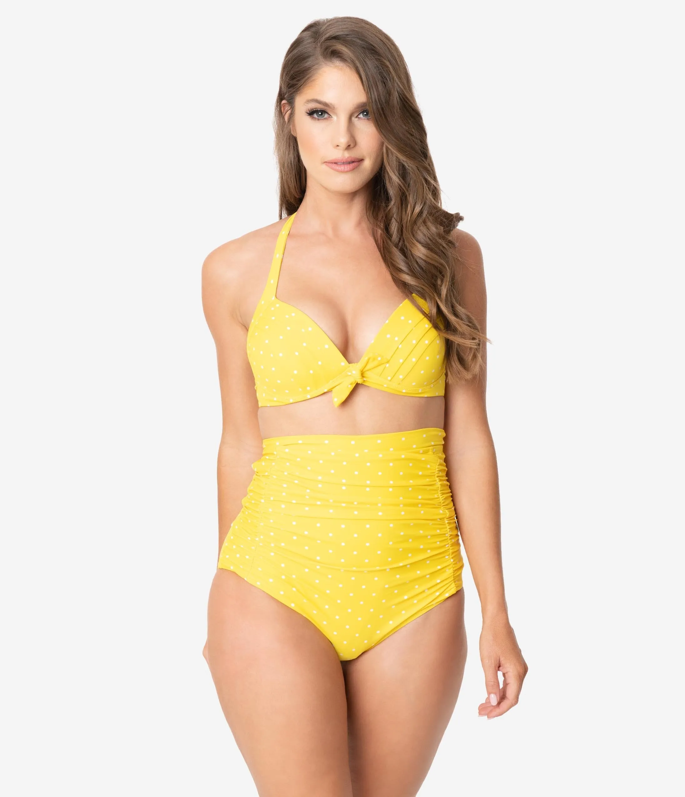 Unique Vintage Yellow & White Pin Dot Print Monroe Halter Swim Top