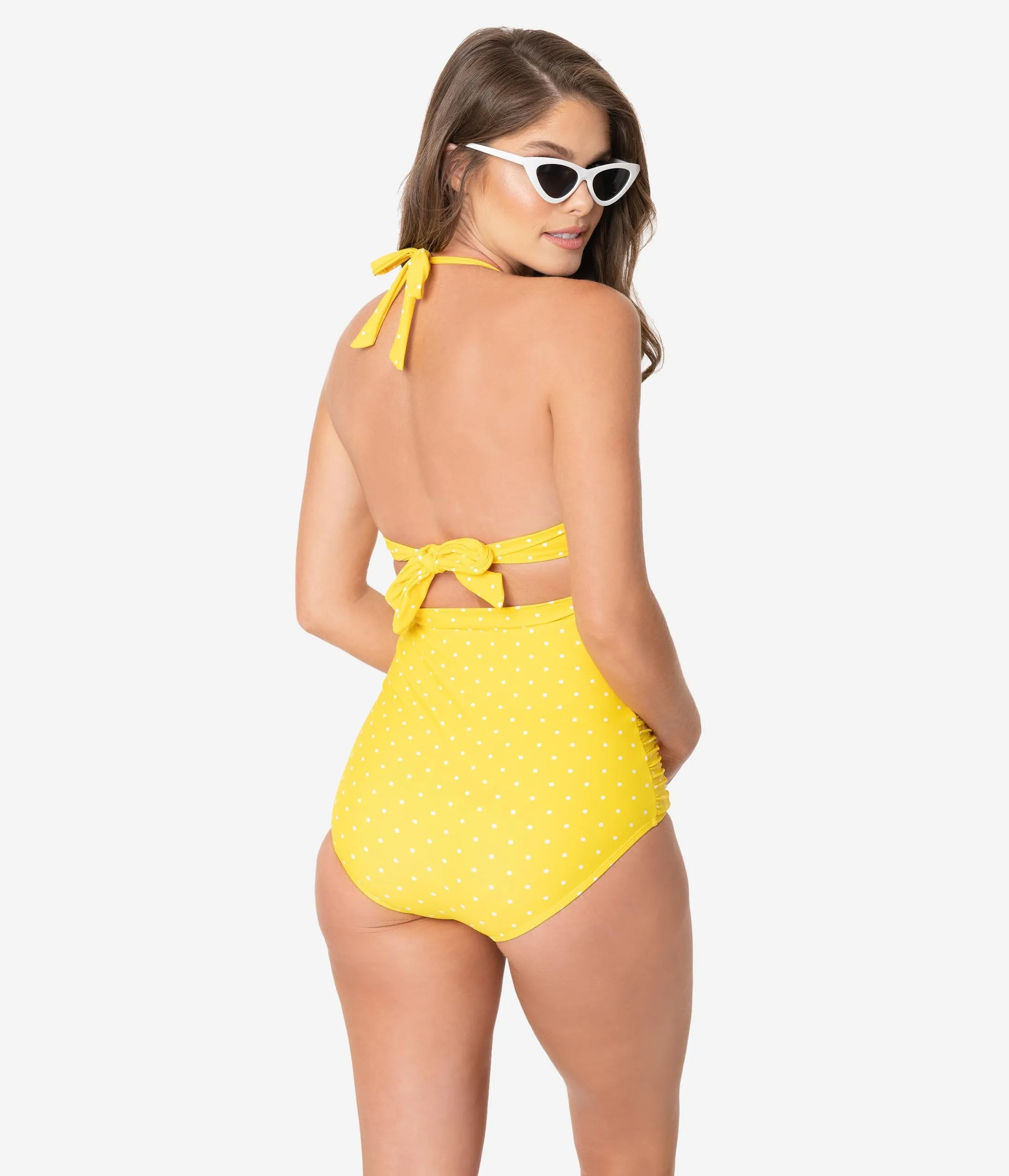 Unique Vintage Yellow & White Pin Dot Print Monroe Halter Swim Top