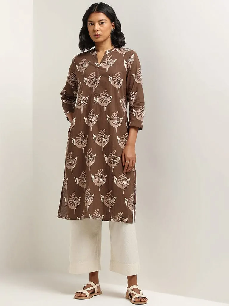 Utsa Brown Straight Fit Printed Cotton Kurta