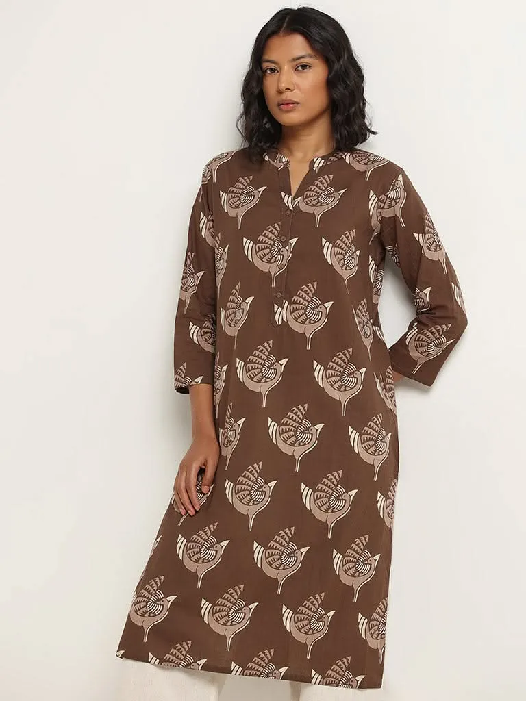 Utsa Brown Straight Fit Printed Cotton Kurta